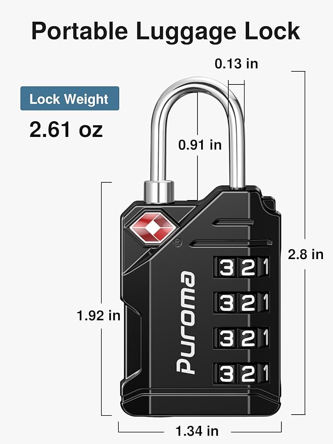 Puroma TSA Approved Travel Luggage Locks, 2 Pack Black 4 Digit Resettable Combination Code Lock with Zinc Alloy Body for Suitcase, Backpack, Laptop Bag, Gym Locker, Toolbox