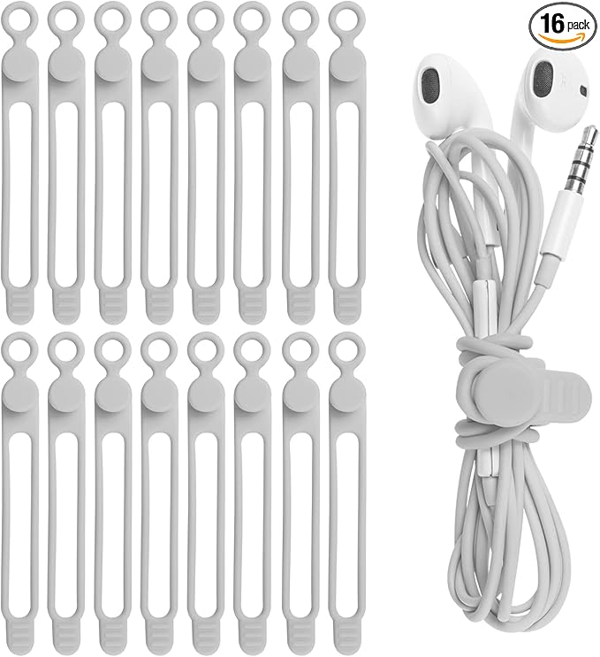 Nearockle 16Pcs Silicone Cable Straps Wire Organizer for Bundling Earphone, Phone Charger, Computer Cords, Reusable Cable Ties Cord Organizer in Home,Office,Kitchen,School(Grey)