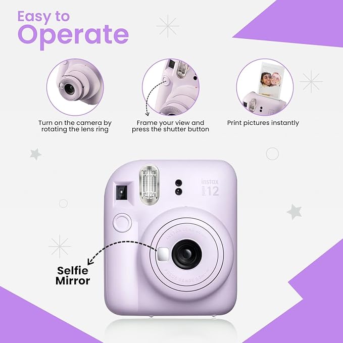 Fujifilm Instant Mini 12 Instant Camera + BluebirdSales Accessory Bundle & Custom Case + Fuji (20 Shots) Film + 5 Color Lens Filters + Mini Frames Designer Mini Photo Album (60 Pockets) (Lilac Purple)