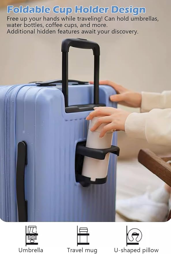 HotWay 24 Inch Expandable Carry On Luggage with Cup Holder, Hardside TSA Approved Luggage with Spinner Wheels, Top Opening Suitcase For Travel, White