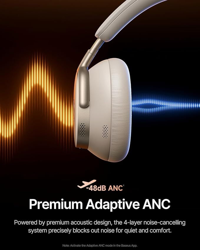 Baseus Inspire XH1 Adaptive Active Noise Cancelling Headphones, Sound by Bose, Dolby Audio, Premium Real-Time Adaptive ANC, Adaptive Rich Sound, Hi-Res Audio, 100H Playtime - Starlight Off-White