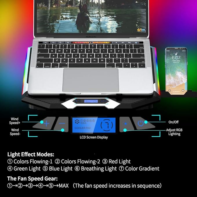 ICE COOREL Gaming Laptop Cooling Pad 15-17.3 Inch, Laptop Fan with 6 RGB Cooling Fans, Laptop Cooling Stand with 6 Height Adjustable, Laptop Cooler with LCD Screen, 2 USB Ports, Phone Stand
