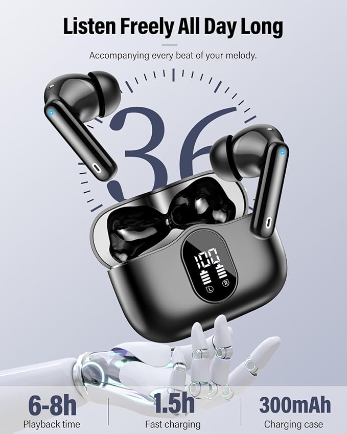Wireless Earbuds, Bluetooth 5.4 Headphones Bass Stereo, Ear Buds with Noise Cancelling Mic, LED Display in Ear Earphones Clear Calls, IP7 Waterproof Bluetooth Earbuds for Laptop/Phones/Sports, Black