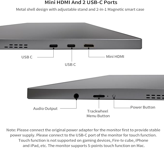 18.5 Inch Touchscreen Large Portable Monitor Metal Shell IPS HDR 1080P with Smart Cover & Rotatable Stand & Speakers, 99% sRGB, 350cd/m², VESA, USB-C HDMI External Touch Screen for Mac/Laptop/PC/Phone