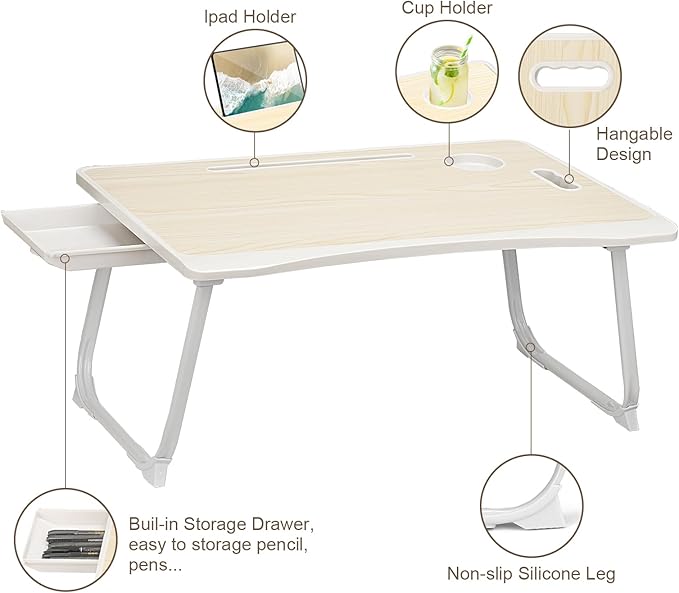 Amaredom Laptop Bed Desk Tray Bed Table, Foldable Portable Lap Desk Notebook Stand Reading Holder with Storage Drawer and Cup Holder for Eating Breakfast on Bed/Couch/Sofa-White Maple