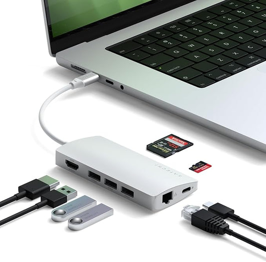 Satechi 8 in 1 USB C Hub Multiport Adapter V2, 4K HDMI, 115W USB C PD Charging, 3 USB-A, Ethernet, Micro/SD Card Readers, for Laptop, MacBook Air/Pro M4, iPad, Windows - Silver