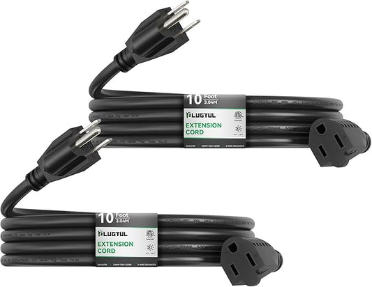 PLUGTUL 2-Pack 10 FT Outdoor Extension Cord Waterproof 16/3 Black Heavy Duty 3 Prong Extension Cord, 13A 1625W SJTW, ETL Listed, Great for Garden and Home