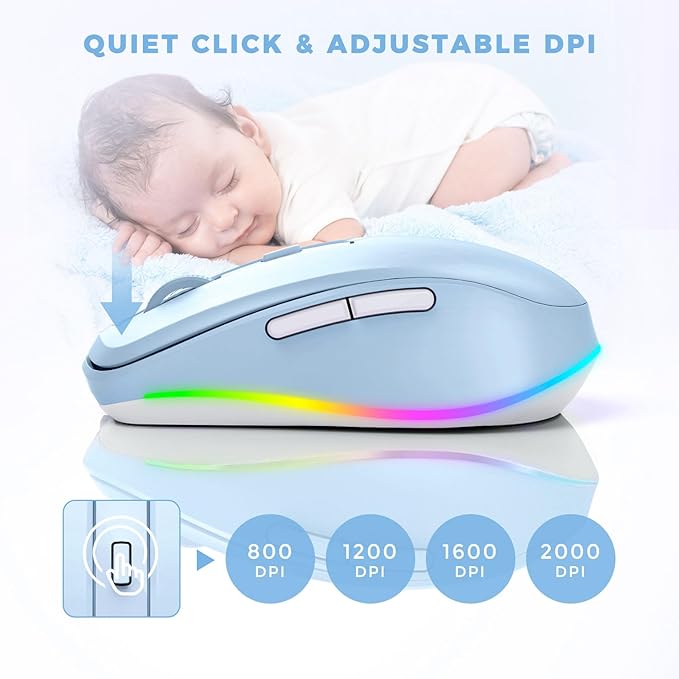 PEIOUS Wireless Mouse Jiggler - LED Wireless Mice with Build-in Mouse Mover, Rechargeable Moving Mouse for Laptop with Undetectable Random Movement Keeps Computers Awake - Light Blue