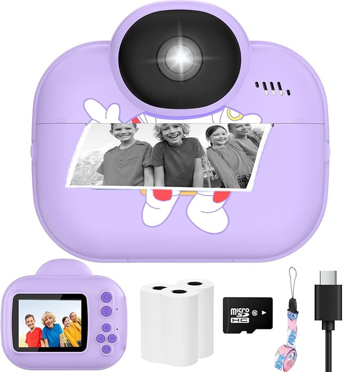 Kids Camera Toys, Instant Print Camera for Kids, Toddler Cameras Christmas Birthday Gifts for Girls Boy,1080P HD Digital Cameras, Portable Travel Toy for 4 5 6 7 8 9 10 Year Girl with SD Card (Purple)