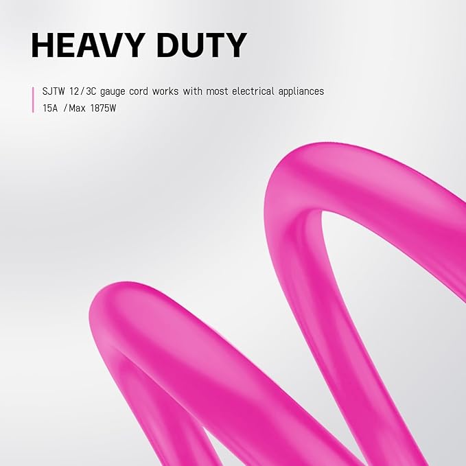 EP 25 Ft Outdoor Extension Cord, 12/3 SJTW Heavy Duty Waterproof Power Cable, 3 Prong Grounded Plug, Lighted End, for Lawn, Garden, Appliances, Pink
