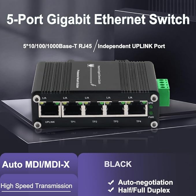 Mini 5 Port Industrial Gigabit Ethernet Switch, Unmanaged Hardened Network Switch, 12-48VDC Wide Power Input, DIN-Rail or Wall Mount, Plug and Play, Outdoor Rated, Rugged Metal Case