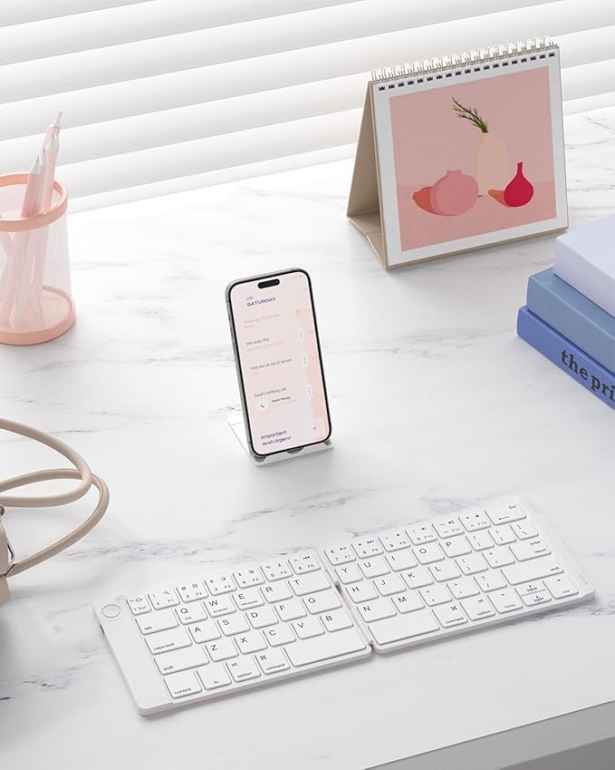 Samsers Foldable Bluetooth Keyboard - Portable Wireless Keyboards with Stand Holder, Rechargeable Full Size Ultra Slim Folding for iOS Android Windows Smartphone Tablet and Laptop, White-Pink