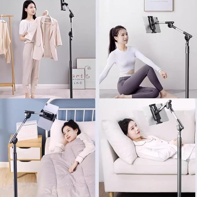 Tablet Floor Stand Holder, 360 Degree Rotating with Height Adjustable Stand Compatible with 4.7"-13" Phone/Tablet, Kindle, 63" Phone Stand, Aluminum Alloy, for Bed,Sofa,Desk.Black