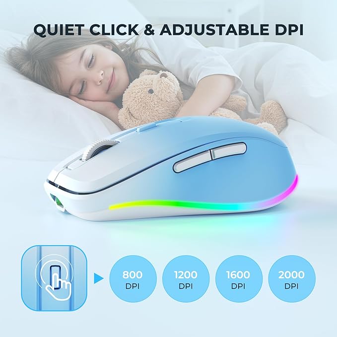 PEIOUS Wireless Mouse Jiggler - LED Wireless Mice with Build-in Mouse Mover, Rechargeable Moving Mouse for Laptop with Undetectable Random Movement Keeps Computers Awake - Blue to White