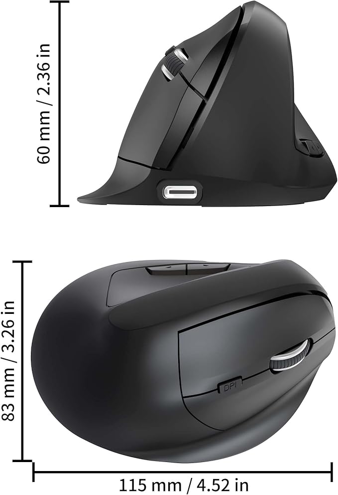 Wireless Ergonomic Bluetooth Mouse Vertical Dual Mode Rechargeable Silent Portable High Precision Optical Cordless Mice with USB Receiver for PC/Laptop/Tablet/MacBook Boy Girl,Reduce Wrist Pain（Black）