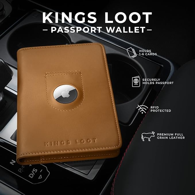 Kings Loot Passport Holder Wallet – RFID Blocking Leather Travel Wallet with Built-in Airtag Holder – Holds 1-6 Cards & Passport – Easy Pull Tab – Slim & Stylish Wallets (Cognac/Premium Engraved)