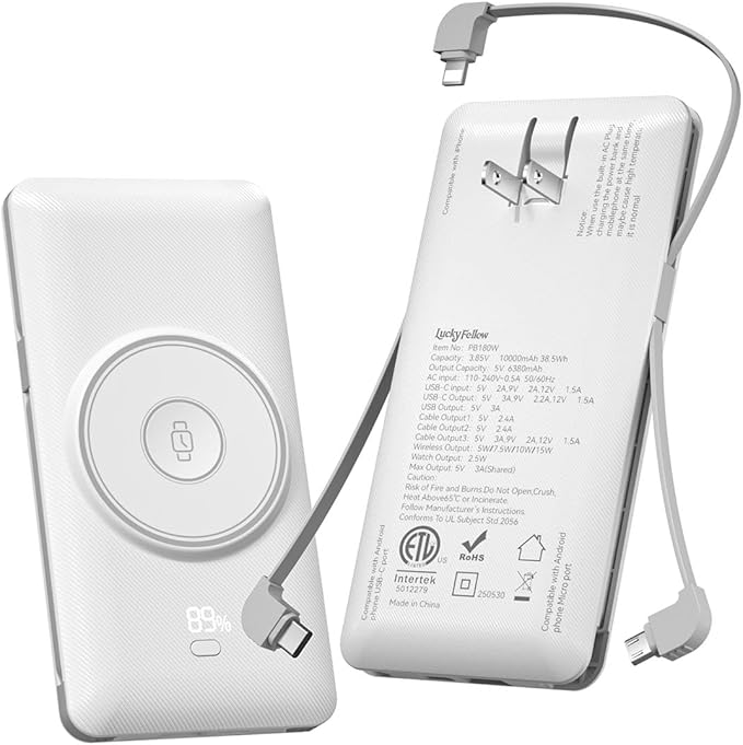 Magnetic 10000mAh Portable Charger for iWatch & iPhone, 22.5W USB C Fast Charging Wireless Power Bank Built-in Cables and Wall Plug, External Travel Battery Pack Compatible with iOS Android Devices