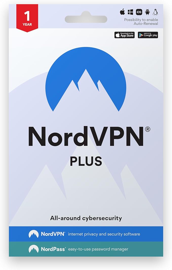NordVPN Plus — 1-Year - VPN & Cybersecurity Software Bundle — Protection Personal Information, Safely Manage Passwords - PC/Mac/Mobile [Activation Code via Mail]