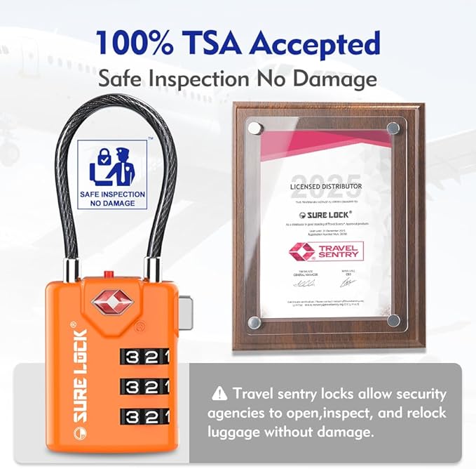SURE LOCK TSA Compatible Travel Luggage Locks, Inspection Indicator, Easy Read Dials TSA Approved with Zinc Alloy Orange 4 Pack