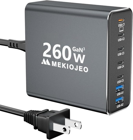 Aluminum Alloy 260W USB C Charger GaN Fast USB C Charging Station 7 Ports 65W Laptop Charger for MacBook Pro/Air/iPad Pro/iPhone (Gray)