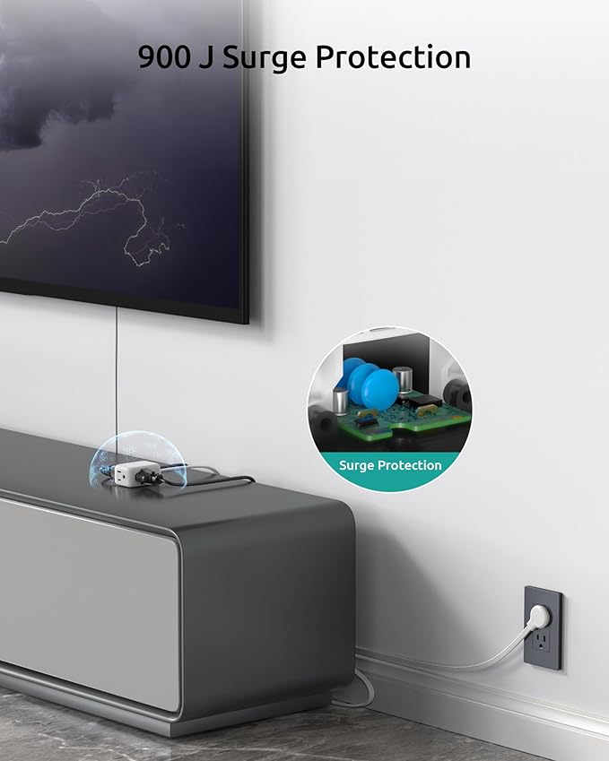 Flat Extension Cord 15ft Long, ETL Listed, NUTICT 3 Prong Indoor Cord Extension, Surge Protector, 13A/1625W, 900J, Low Profile Left Angle Flat Wall Plug, Behind Bed Couch Furniture Tight Space, White