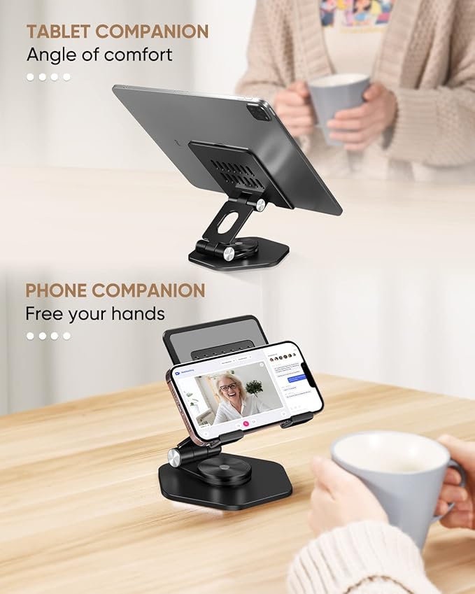 Foldable Aluminum Tablet Stand for Desk, 360° Swivel iPad & Tablet Holder – Portable & Stable Desktop Mount for 5–12.9in Devices, Black