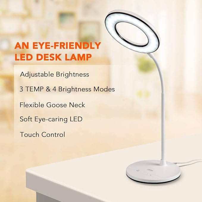 Miady Product Image LED Desk Lamp Eye-Caring Table Light, 3 Color Modes with 4 Levels of Brightness, Dimmable with Adapter, Touch Control Sensitive, 360° Flexible