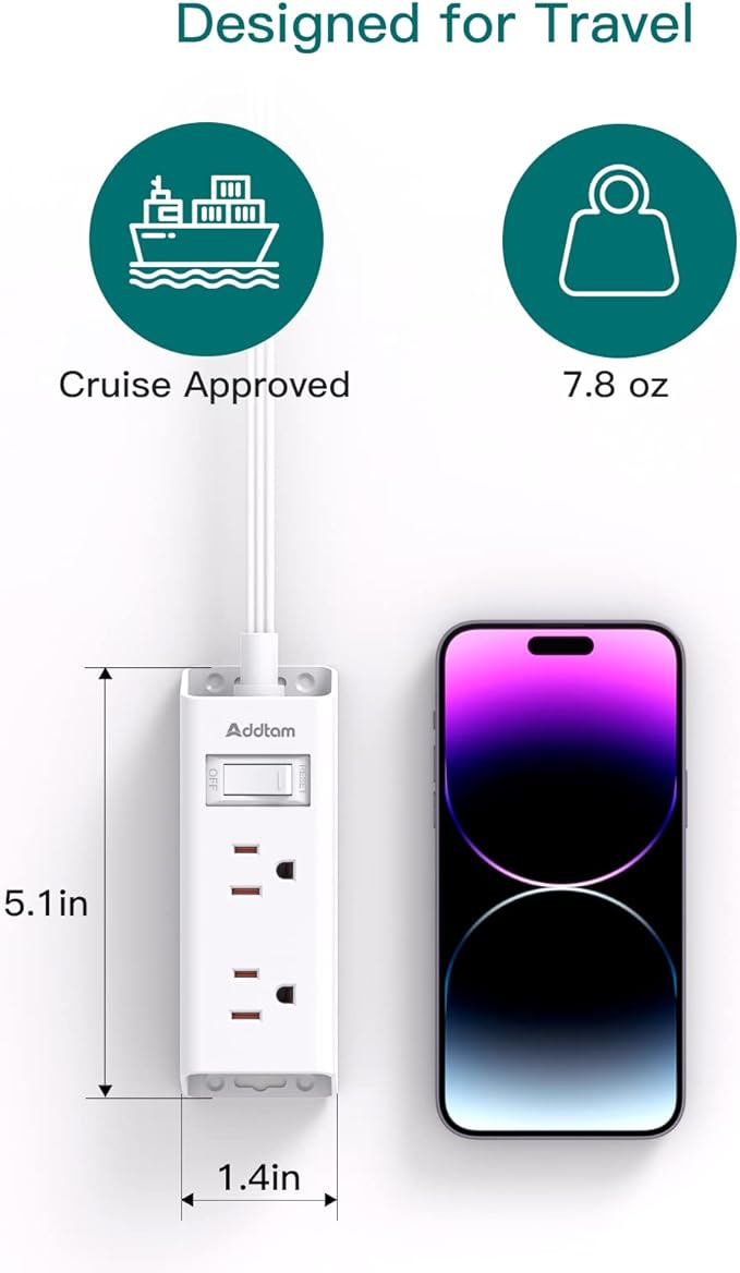 Flat Extension Cord 10 ft - Addtam Flat Plug Power Strip with 6 Outlets Extender, No Surge Protector for Cruise Ship, Dorm Room Travel Essentials, ETL Listed
