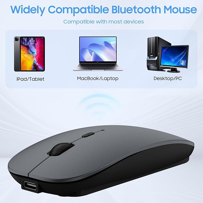 SUNGI Bluetooth Mouse,Wireless Slim Silent Mice USB Rechargable Mouse for iPad/MacBook/Tablet/PC/iPhone/Cellphone,Gray