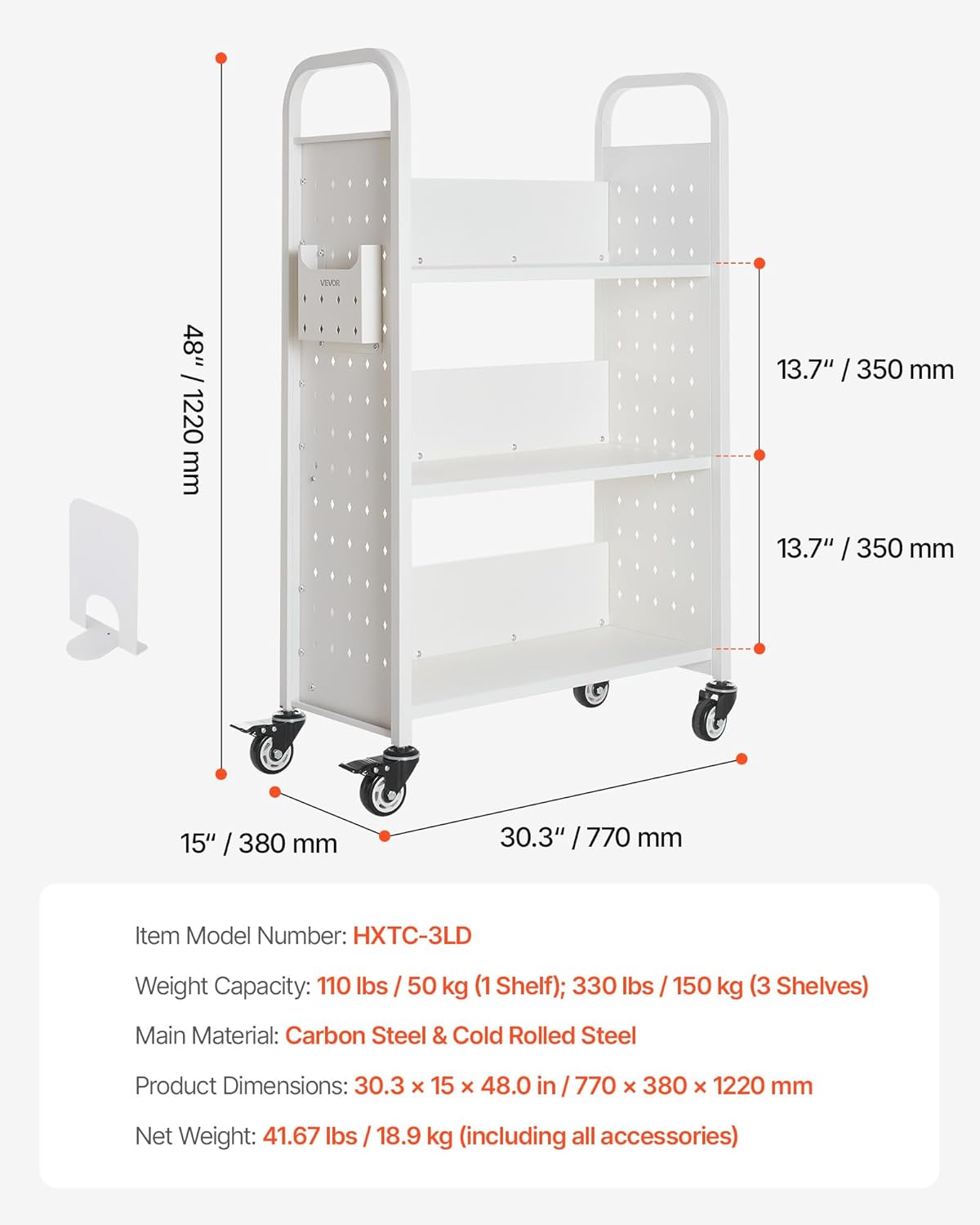 VEVOR Rolling Library Book Cart, 330 lbs Capacity, 30.3 x 15 x 48.0-Inch Library Cart, Single Sided L-Shaped Shelves with 3-Inch Lockable Wheels, Book Truck for Home Shelves Office and School, White
