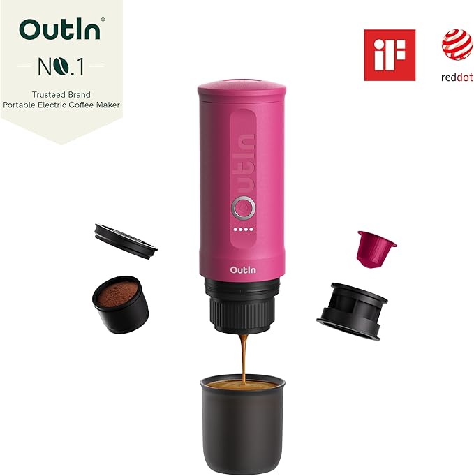 OutIn Nano Portable Electric Espresso Machine, Travel Coffee Maker for Camping, Car Coffee Maker Self-Heating with USB-C, With Ground Coffee & NS Capsule for RV, Hiking, Office