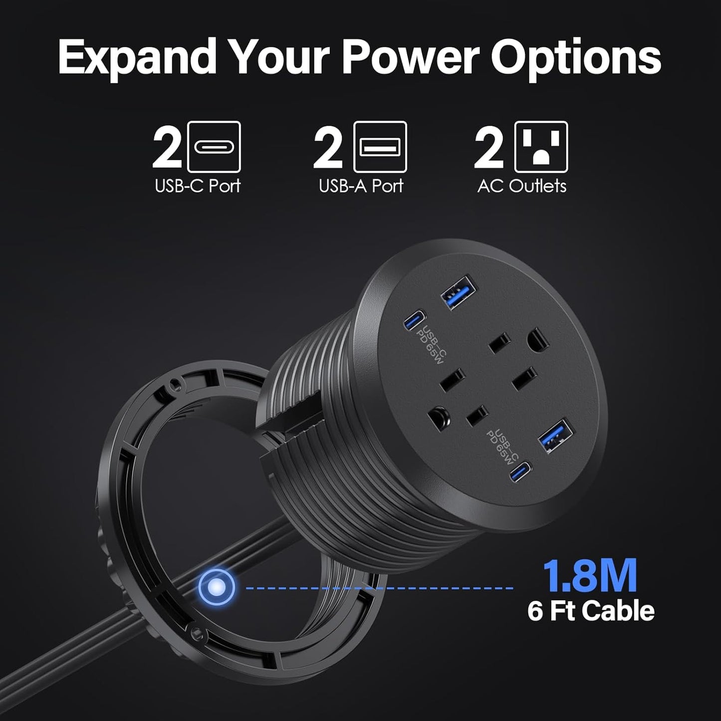 Jgstkcity Desktop Power Grommet, 65W USB C Fast Charging Port, Flush Mount Recessed Power Strip 3inch Hole,2 Outlets,4 USB Ports, Countertop Outlet (Black, 65W USB Port)