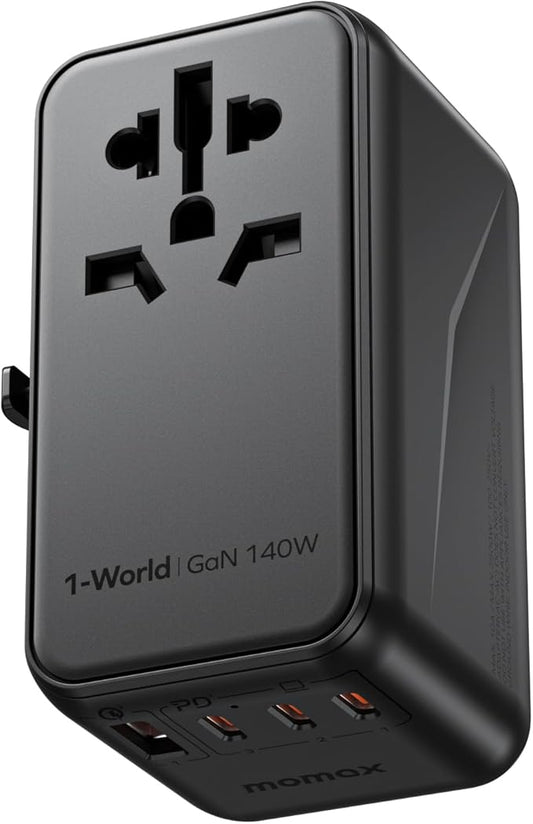 MOMAX 140W Universal Travel Adapter, GaN Technology, EU/UK/AUS/US/JP Worldwide, Fast Charging for iPhone, MacBook pro, Vision Pro, Charging Cable Included