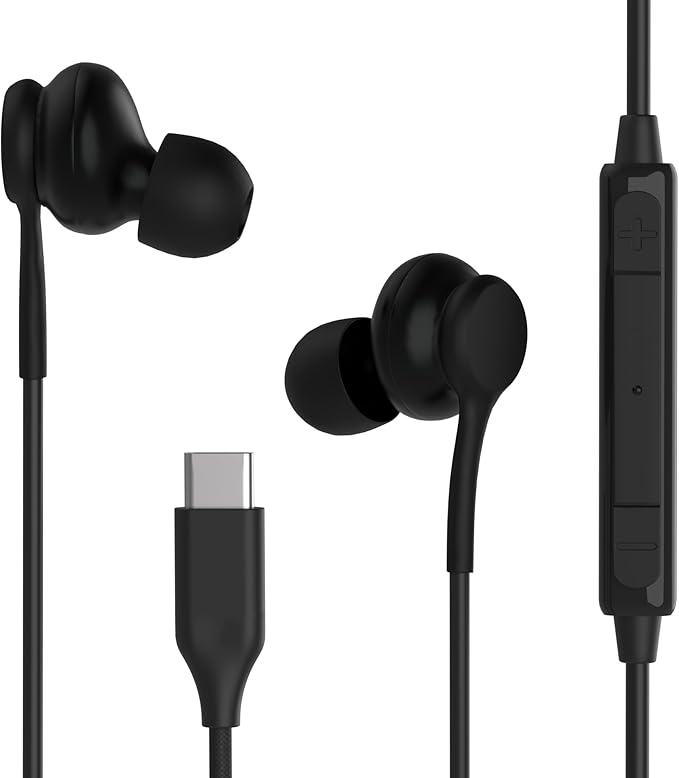 2025 New in-Ear Earbuds Stereo Headphones for Samsung Galaxy Z Fold6，S24S23S22S21S20 Note 10 10+ - with Microphone and Volume Remote Type-C Connector-Black
