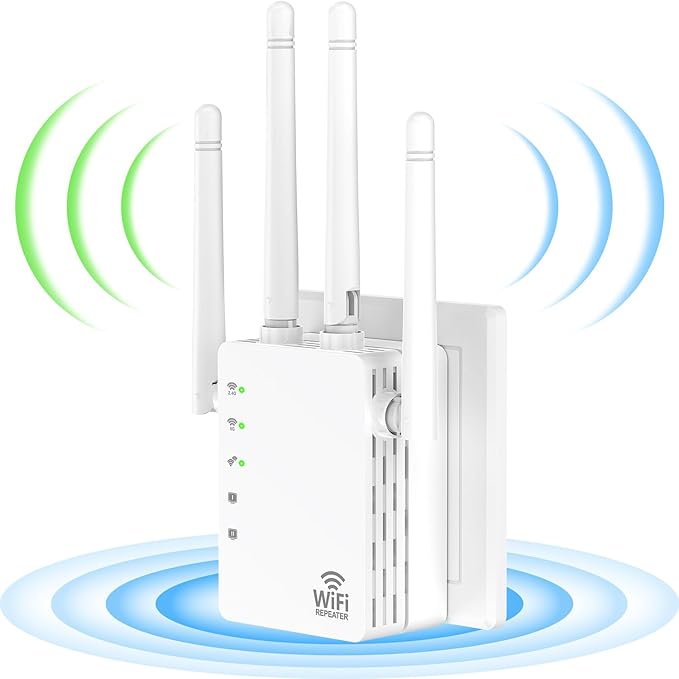 WiFi Extender Signal Booster with 1200Mbps Dual Band (Covers Up to 12880 Sq.ft for 105+ Devices), WiFi Booster with 4 Antennas 360° Coverage, WiFi Repeater with 1 - Tap Setup & Ethernet Port