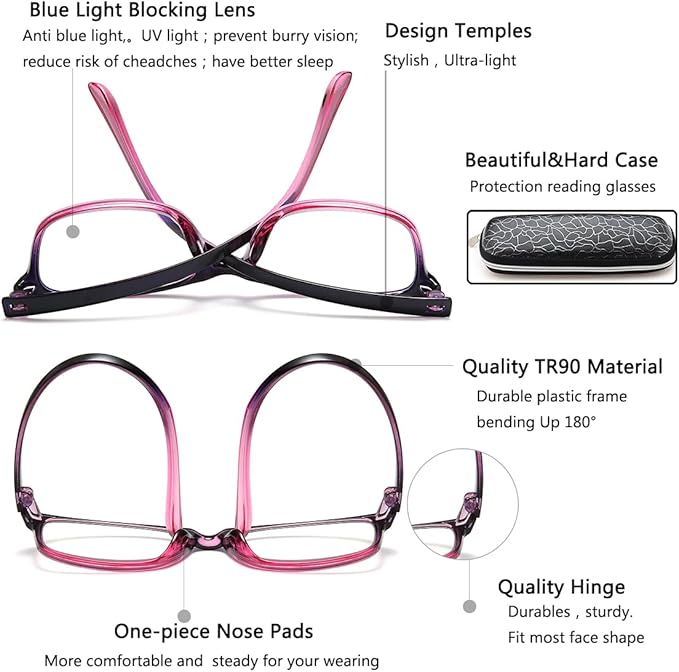 EYEURL 2 Pack Reading Glasses Blue Light Blocking Readers for Women-TR90 Lightweight Computer Reading Glasses Stylish Rectangular Frames Eyeglasses+2.25
