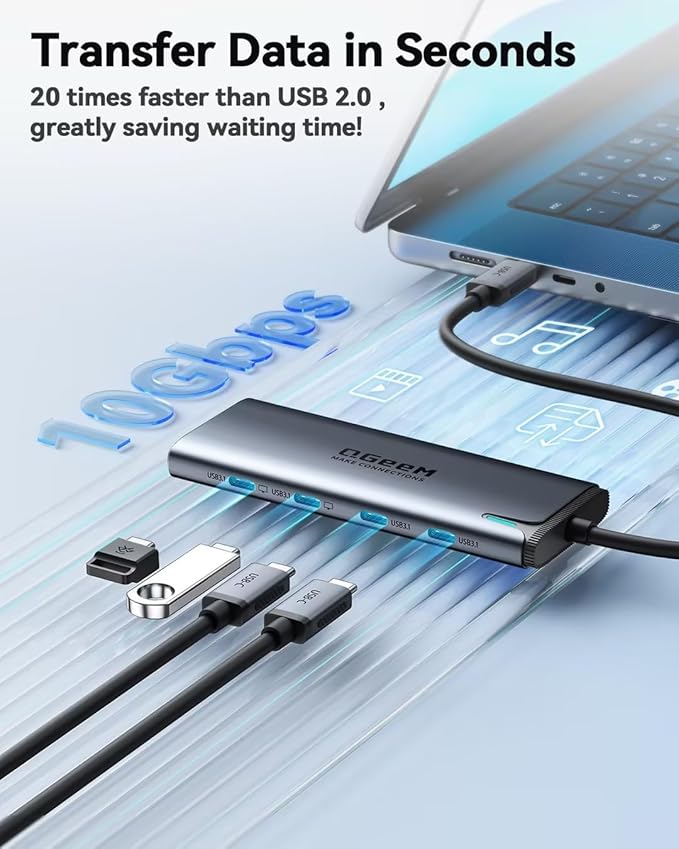 QGeeM USB C Hub,Multiple Converter Adapter 5 in 1,Type C Splitter Extender with Single 8K,Dual 4K/60Hz,10Gbps Data Transfer,PD 100W,for MacBook Pro,iMac,HP（M1/M2 only 1 Display