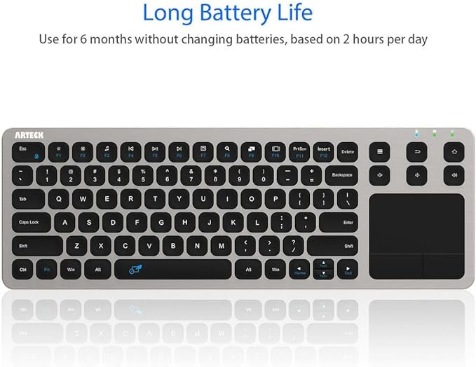 Arteck 2.4G Wireless Touch TV Keyboard with Easy Media Control and Built-in Touchpad Mouse Solid Stainless Ultra Compact Full Size Keyboard -Connected Computer, Smart TV, HTPC
