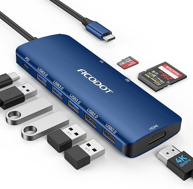 Acodot 9 in 1 USB C to 4K@60HZ HDMI Multiport Adapter, 3 USB 3.0 Ports, SD/TF Card Reader, 100W PD, Designed for MacBook Pro Air HP XPS etc, Blue