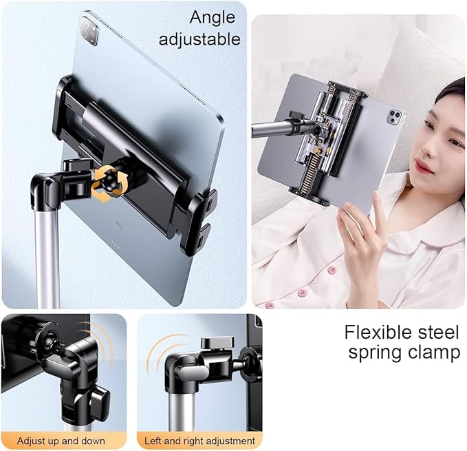 Tablet Floor Stand Holder, 360 Degree Rotating with Height Adjustable Stand Compatible with 4.7"-13" Phone/Tablet, Kindle, 63" Phone Stand, Aluminum Alloy, for Bed,Sofa,Desk（White）