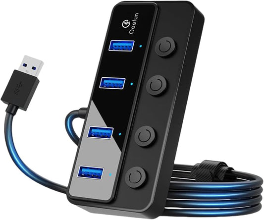 Qeefun 4-Port USB 3.0 Hub, Individual LED Power Switches, Multiport Splitter with 4ft Extension Cable, USB Extender for Laptop, PC, USB Flash Drives, iMac and More