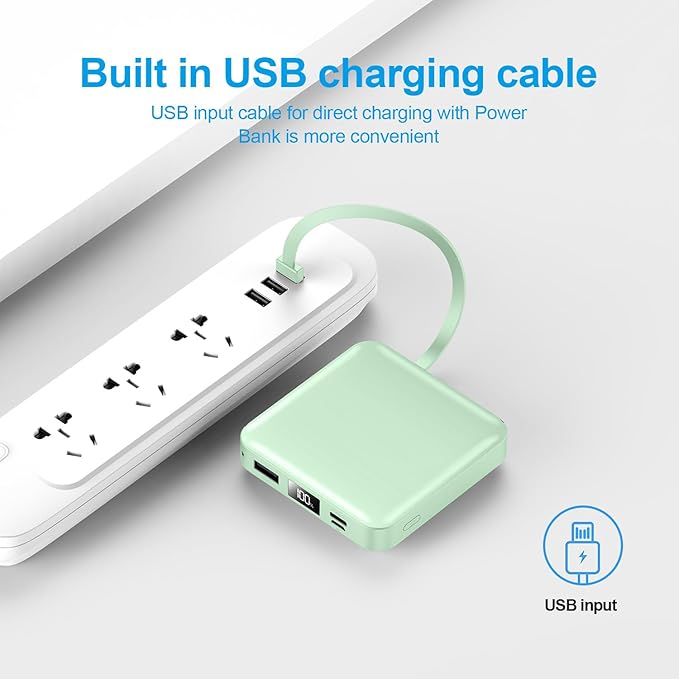 Portable Charger with Built-in Cable,12000mAh 22.5W Fast Charging Small Power Bank,USB C Input/Output with Smart LED Display,External Battery Pack for iPhone,Tablet,Samsung