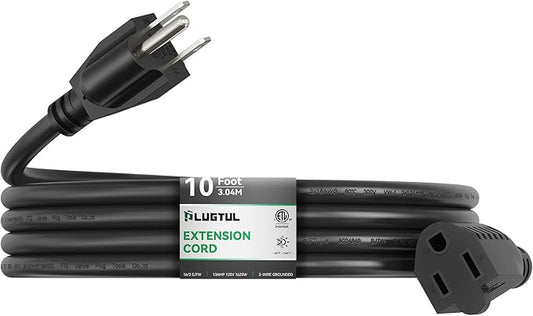 PLUGTUL 10 FT Outdoor Extension Cord Waterproof 16/3 Black Heavy Duty 3 Prong Extension Cord, 13A 1625W SJTW, ETL Listed, Great for Garden and Home