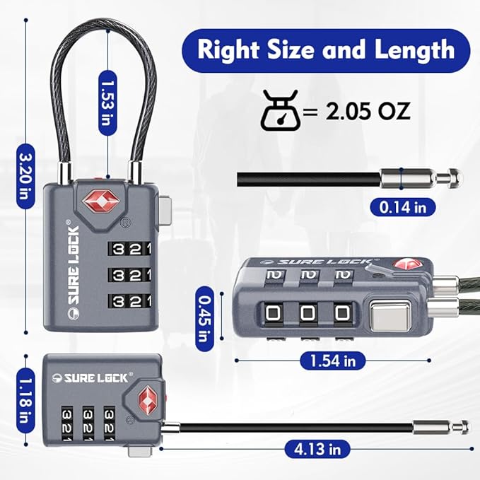 SURE LOCK TSA Compatible Travel Luggage Locks, Inspection Indicator, Easy Read Dials TSA Approved with Zinc Alloy Grey 2 Pack