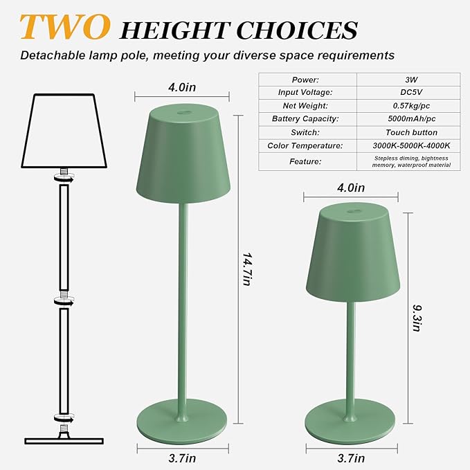 Kakanuo Cordless Table Lamp Rechargeable Green - KK 2 Pack 5000mAH Battery Operated Lamp for Dining Table, 3 Color Stepless Dimming Wireless Lamp for Counter, Outdoor Patio, Touch Control