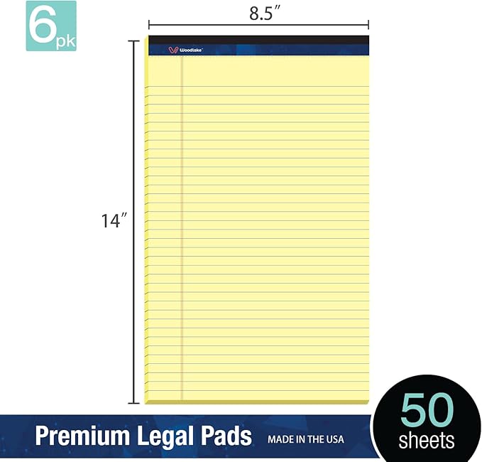 Woodlake Legal Pads 8.5 "x 14" – 6‑Pack, Wide Ruled, Premium Yellow Paper Pad No ink Bleed, Micro‑Perforated Writing Pads,50 Sheets, Legal Size Note pads for School, Office & Home, Made in USA
