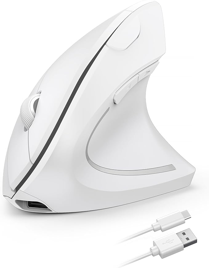 TECKNET Ergonomic Mouse, Rechargeable Vertical Ergo Mouse Wireless, Silent 2.4GHz 6 Buttons Optical Carpal Tunnel Mouse, 5 Adjustment Levels, Up to 4800DPI Wireless Mouse for Laptop, Desktop - White