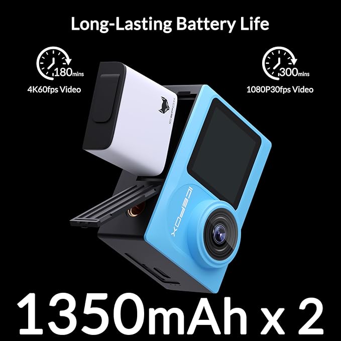 icefox i8 Action Camera with 4K 60FPS 20MP, 5X Zoom, Underwater Waterproof Camera with Optimized EIS, Video & Photo Editing by Snap Pro App, WiFi Remote Control for Diving, Cycling and Vlogging