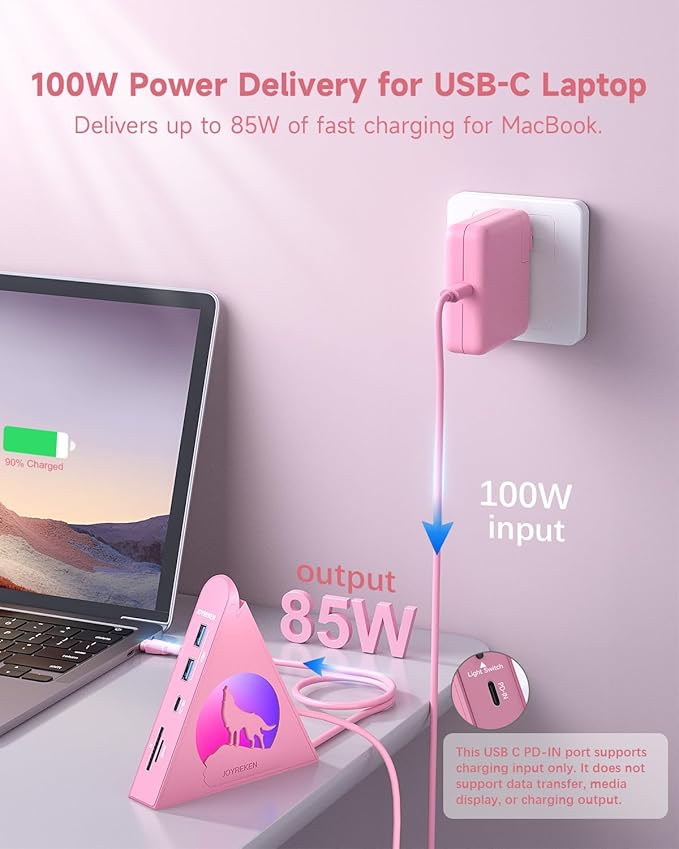 Pink USB C Hub, 8-in-1 Type C Hub with 4K HDMI, 100W Power Delivery, 5Gbps USB-C, 3xUSB-A 3.0, SD/TF Card Reader, RGB Lighting, Pink Dock for MacBook Air/Pro, iPad, iPhone16, Surface, XPS, etc.