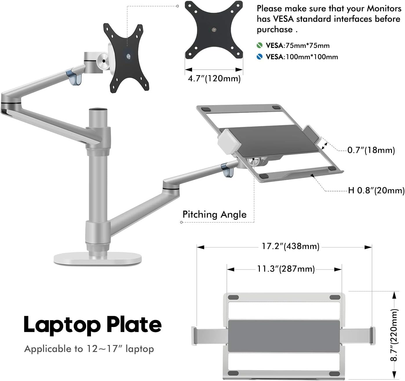 AEONS Premium Monitor Laptop Mount & Under Desk Cable Management Tray Wire Cord Organizer & Desk Clamp Mount PDU, No Drill Computer Computer Cord Raceway and Modesty Panel, Silver & Black